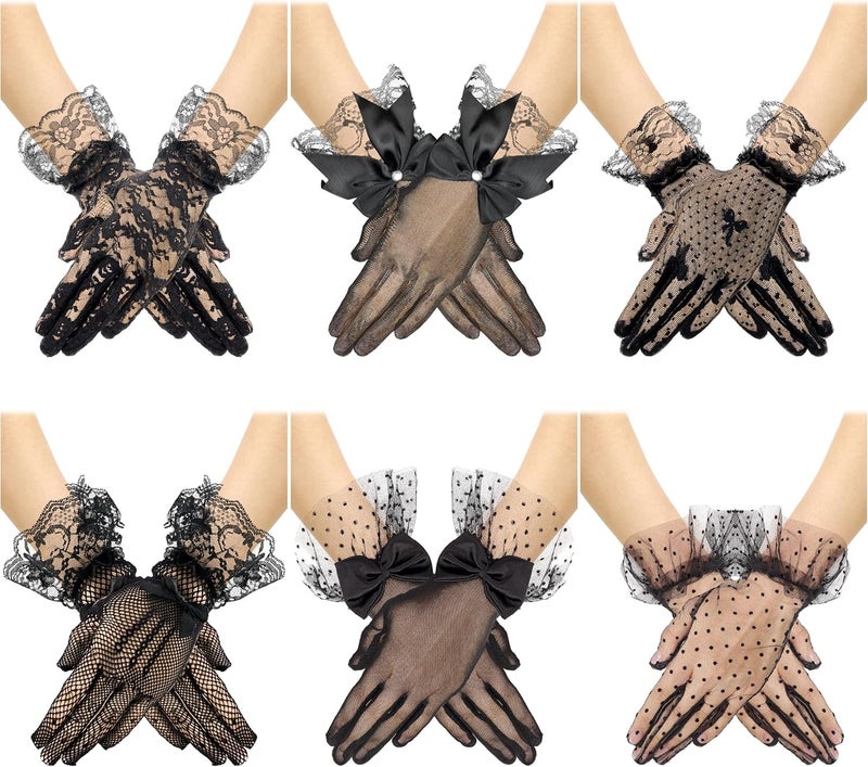 MoHern 6 Pairs Lace Gloves Women Tea Party, Gloves with Elegant Floral Design and Comfortable Fit for Ladies' Wedding Party - Image 1